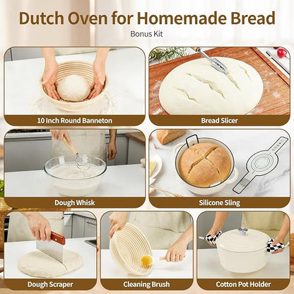 Enameled Cast Iron Dutch Oven with Lid -6.5 QT, incl. Sourdough Bread-Baking Supplies like Banneton Proofing Basket, Heavy Duty Cookware Bread-Oven for Baking, Stews, and Roasting, Cream White - Image 4