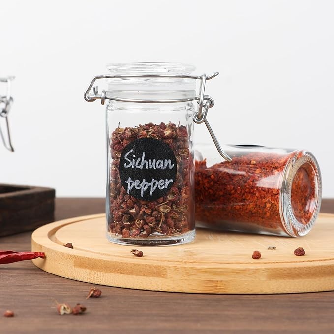 2.3 oz Small Glass Stash Jars with Labels, 12 Pack Mini Spice jars with Airtight Seal, Empty Spice Bottles with Silicone Rubber Gasket for Herb Tea Seasoning Storage
