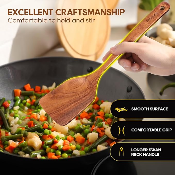 Wooden Spoons for Cooking, 10PCS Teak Wood Cookware Utensil Set with Hooks - Smooth Finish, Non-Stick, Comfortable Grip, Heat Resistant Kitchen Utensils - Image 6