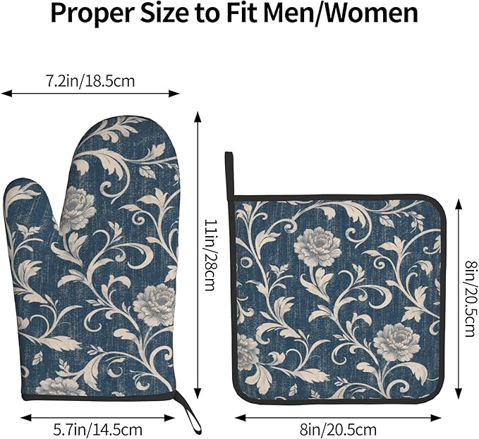 Navy Blue Oven Mitts and Pot Holders Vintage Floral Kitchen Accessories Set of 2 Teal Flowers Gloves Potholder for Chef Cooking Baking Grilling BBQ - Image 3