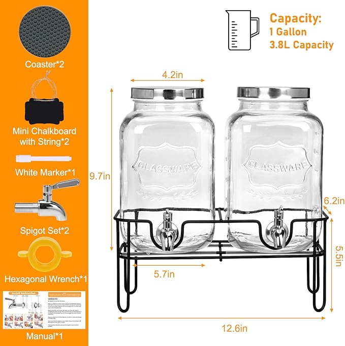 Moretoes 2 Gallon Glass Drinks Dispenser for Parties, 2 PACK Beverage Dispenser with Stand for Juice and Iced Tea, Water Jug Dispenser for Lemonade, Party Essential Beverage Pitcher with Spout - Image 2