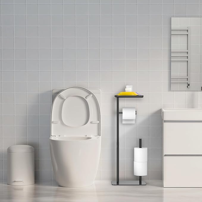 Day Moon™ - Toilet Paper Holder - Modern Roll Holder for Bathroom - 1 Pack - Free Standing - with Shelf, Black - Image 9