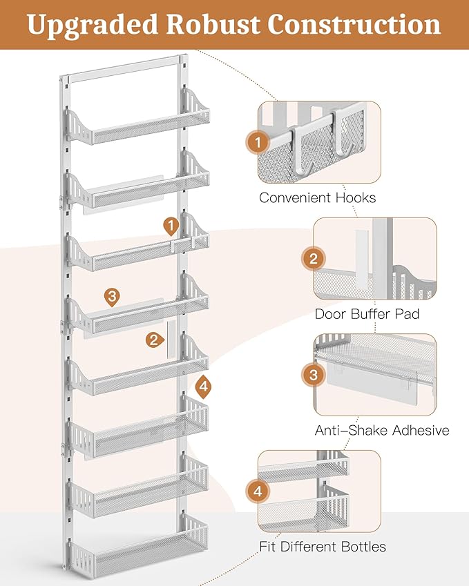 POKIPO Over the Door Pantry Organizer 8-Tier, Large Metal Door Spice Rack with Adjustable Basket, 2 in 1 Wall Mount or Hanging Heavy-Duty Pantry Door Storage Shelf for Kitchen and Bathroom, White - Image 8