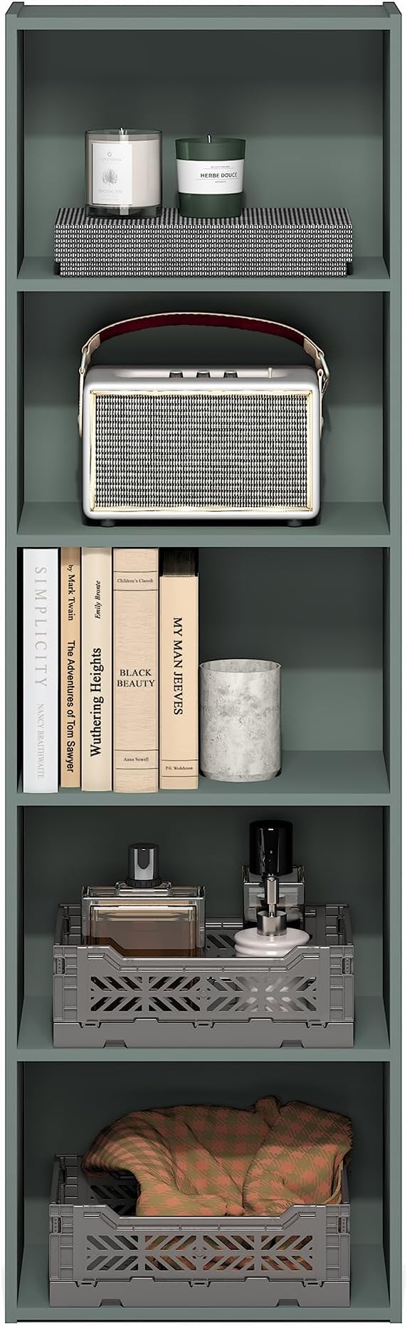Furinno LUDER Book Shelf, 5-Tier Bookshelf, Bookcase with Open Shelves, 9.4 x 15.8 x 52, Easy Assembly, for Living Room, Bedroom, Home Office, Sage Green - Image 5