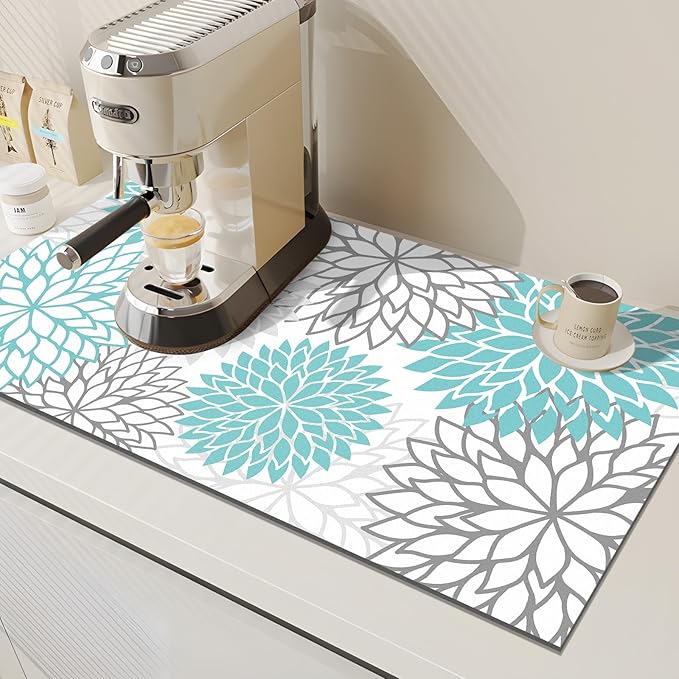 Findosom 2PCS 17" x 32" Dish Drying Mat & 24" x 5.5" Sink Splash Guard, Super Absorbent & Cuttable Dish Mat Drying Kitchen Mat with Teal Floral, Hide Stain Drying Mat for Kitchen Counter - Image 4