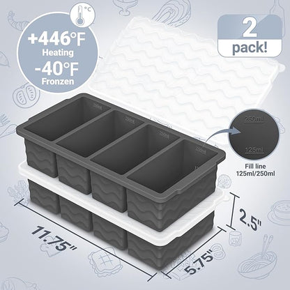Doasuwish Silicone Freezer Tray for Soup with Lid – 1-Cup Soup Container Style Ice Cube Trays for Freezer, Meal Prep & Food Storage, Freeze 250mL/125mL Portions – 2 Pack