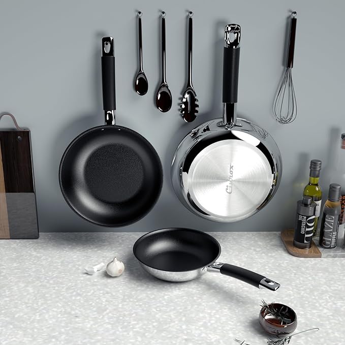 Non Stick Frying Pans Sets, 3-Piece Nonstick Pans, 10” 11.5” Skillet, 5” Egg Pan, 5-Ply Base Compatible with All Stoves
