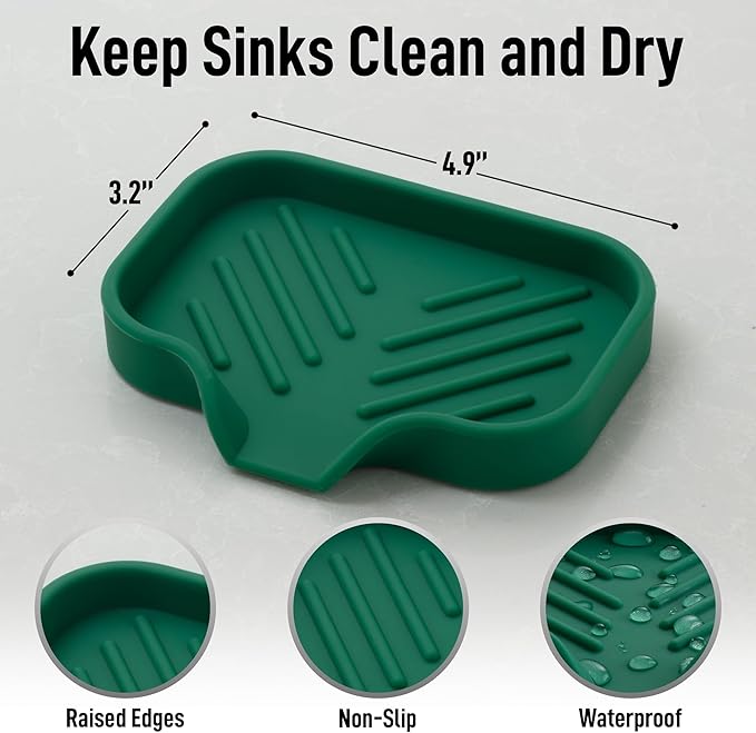 Zulay Kitchen Small Silicone Sponge Holder (4.9x3.3”) – Space-Saving Sink Organizer Tray for Sponge, Soap, Brush & More – Compact Non-Slip Dish for Kitchen & Bathroom Countertops (Pine Green) - Image 4
