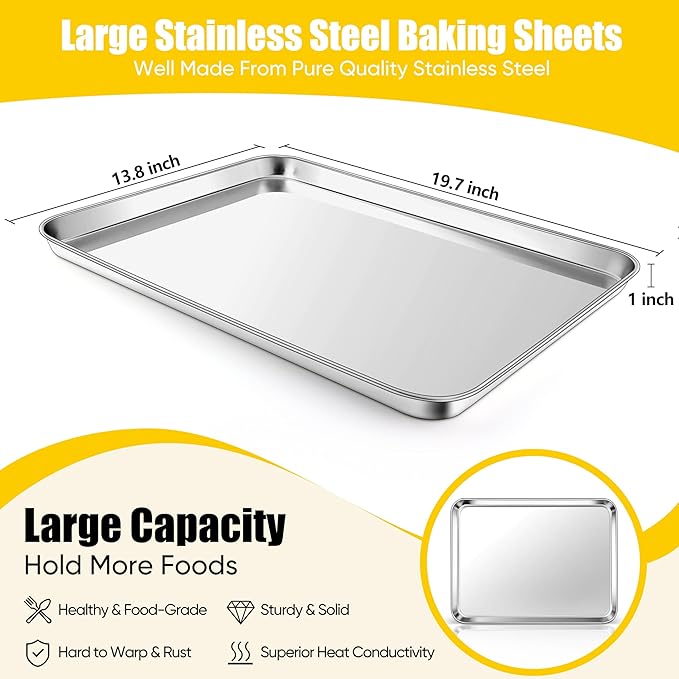 Homikit Baking Pan Sheet Set of 2, Stainless Steel Cookie Sheets Tray for Oven, 20 x 14 Large Metal Half Sheet Bakeware for Cooking Baking, Rustproof & Heavy Duty, Mirror Finish & Dishwasher Safe - Image 2