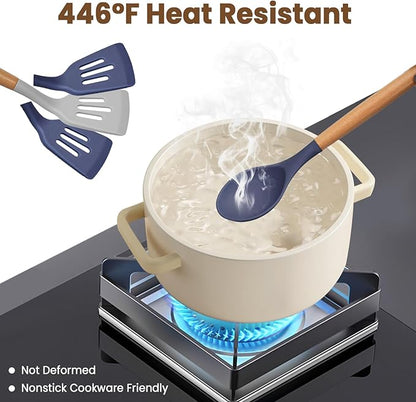 Kitchen Utensils Set - 12 Pcs Silicone Cooking Utensils Set with Wooden Handle - Heat Resistant Non-Stick BPA Free Spatula Set,Turner, Spoon, Brush, Silicone Kitchen Gadgets Utensil Set - Image 5