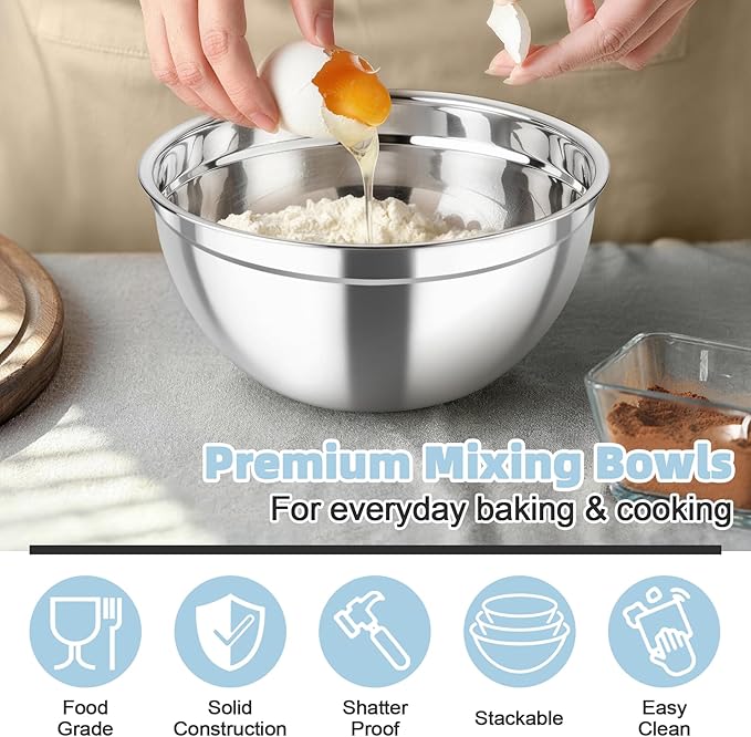 TeamFar Mixing Bowls, Stainless Steel Nesting Salad Bowls with Airtight Lids Set, For Serving/Mixing/Storing, Healthy & Long-lasting, Dishwasher Safe & Easy Clean, 4.6/3 / 1.5 QT, Black - Image 5