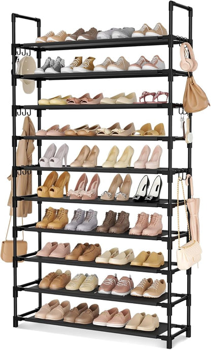 LANTEFUL Tall Shoe Rack 10 Tier Shoe Organizer Large Shoe Shelf with 18 Hooks Storage for 50 Pair, Stackable Vertical Shoe Rack Organizer for Closet, Entryway, Bedroom by LANTEFULforTidyingHouse
