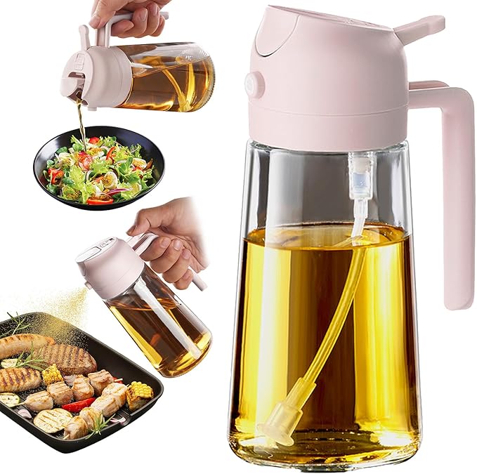 TrendPlain 16oz/470ml Glass Olive Oil Sprayer for Cooking - 2 in 1 Olive Oil Dispenser for Kitchen Gadgets, Air Fryer, Salad, and BBQ - Peach by TrendPlain