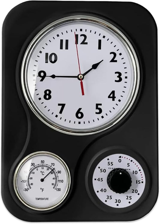 Lily's Home - 9.5 Inch x 12.5 Inch - Retro Kitchen Wall Clock, Vintage Wall Clock with a Thermometer and 60-Minute Timer, Ideal for Any Kitchen, Office, or Diner (Black)