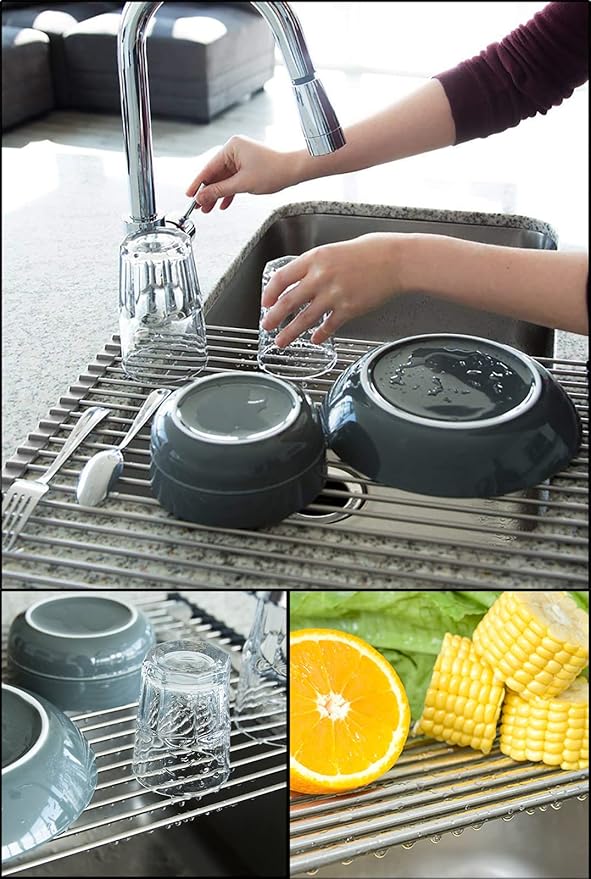 Tomorotec 17.7" x 15.5" Roll Up Dish Drying Rack Over Sink Drying Rack Sink Cover Kitchen Sink Accessories Gadget Multipurpose Organizer Foldable Stainless Steel Drainer (Grey) - Image 2