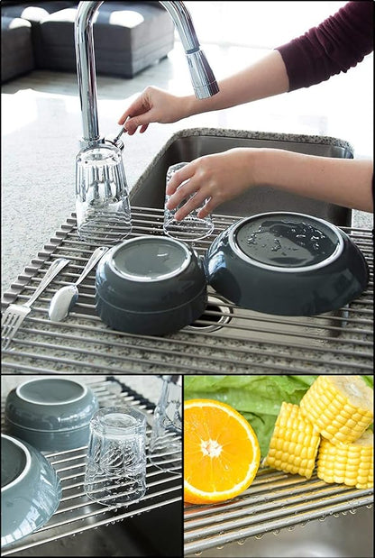 Tomorotec 17.7" x 15.5" Roll Up Dish Drying Rack Over Sink Drying Rack Sink Cover Kitchen Sink Accessories Gadget Multipurpose Organizer Foldable Stainless Steel Drainer (Grey) - Image 2
