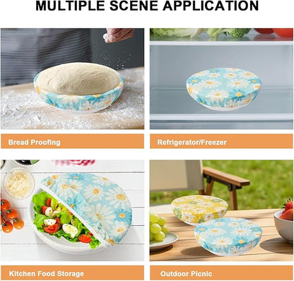 2Pcs Reusable Bowl Covers for Bread Proofing - Cotton Beeswax Bowl Covers Reusable with Elastic Rim, Eco-Friendly Sourdough Bowl Cover for Food Storage (10INCH) (Yellow & Blue daisy)