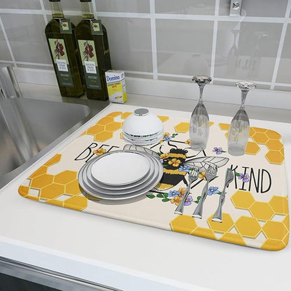 Giwawa Bee Kind Dish Drying Mat, Summer Bees Flowers Dish Drainer Mats for Kitchen Countertop, Yellow Honeycomb Absorbent Reversible Dish Drying Pad Decoration, 18x24inches, Large Size