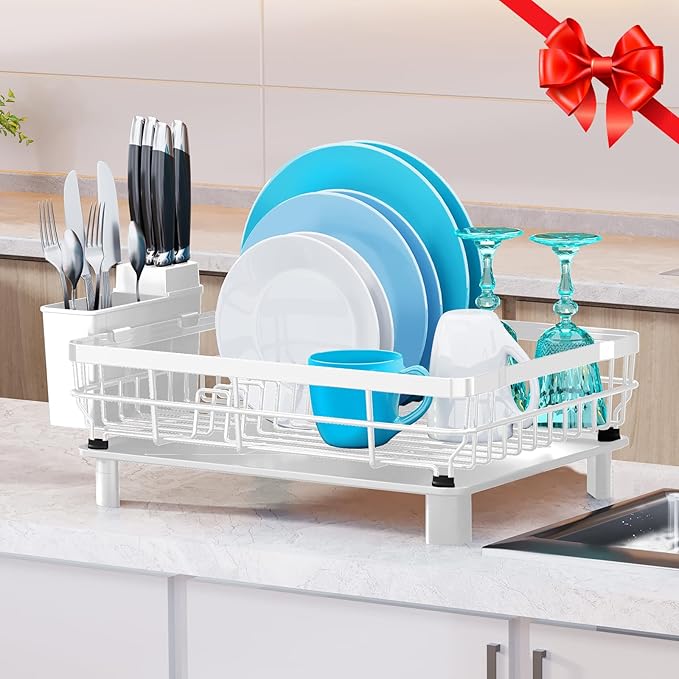 MOUKABAL Dish Drying Rack, Dish Rack, Stainless Steel Dish Racks for Kitchen Counter, Dish Drainer with Removable Utensil Holder, Drainboard (White,13''W x 17''L) - Image 6