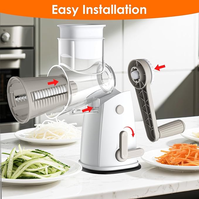 MealHelper 5 Blade Rotary Cheese Grater and Vegetable Chopper with Storage Box and Hand Crank, Compact Shredder for Cheeses, Veggies, Nuts - Easy to Use, Non-slip Suction Base,White - Image 8