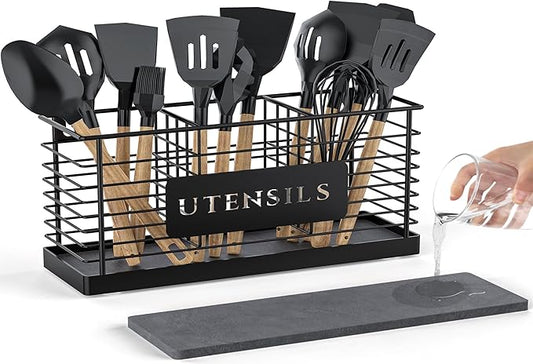THYGIFTREE Utensil Holder for Kitchen Counter with Diatomaceous Earth Base, Large Black Metal Cooking Tool Organizer with 3 Compartments, Countertop Utensil Holder for Spatula and Kitchen Utensils by THYGIFTREE