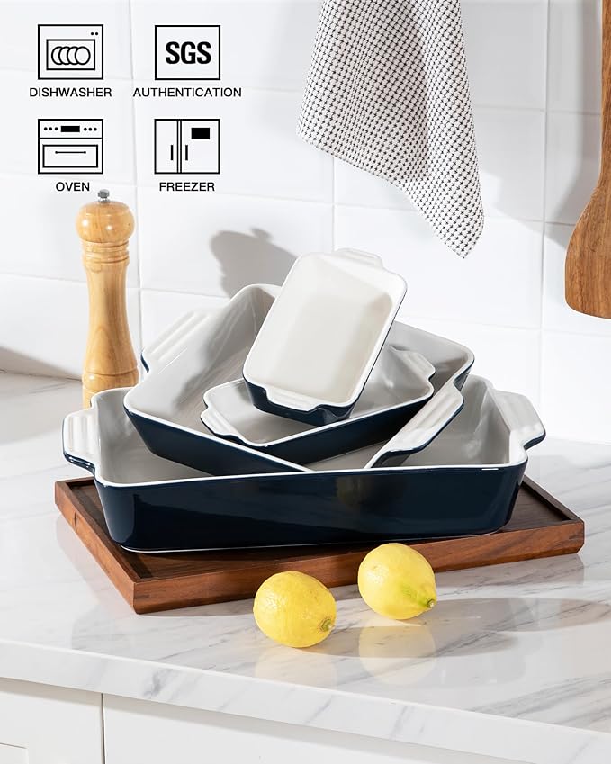 Sweejar Ceramic Bakeware Set of 4, Casserole Dishes for Oven, Rectangular Baking Dish with Handles, Lasagna Pans Deep for Cooking, Gratin, Roasting, Banquet and Daily Use (Navy) - Image 3