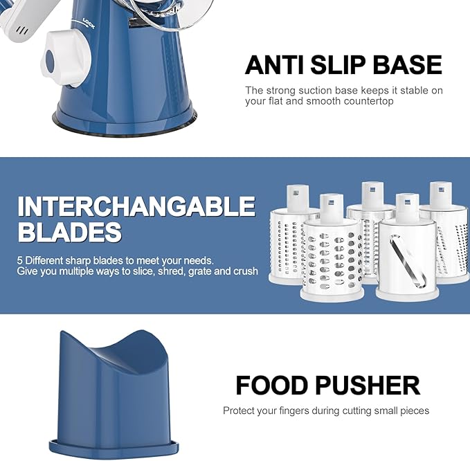 Cambom Rotary Cheese Grater Hand Crank Cheese Shredder for Fresh Cheese, Vegetable, Nuts, Non-slip Suction Base,Five Blades, Deep Blue - Image 7