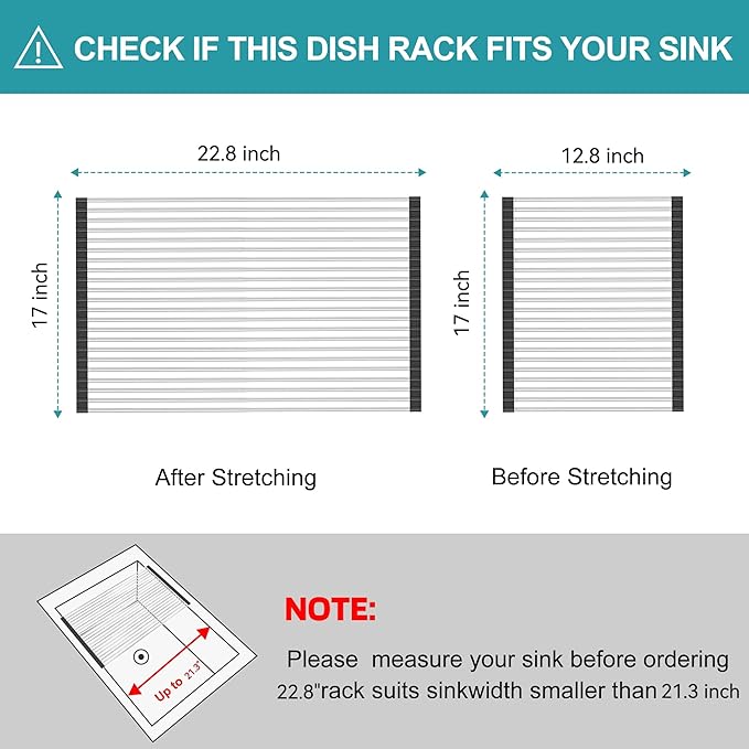 BBXTYLY Extra Large Expandable Roll Up Dish Drying Rack,Over The Sink Drying Rack Sink Cover Kitchen Sink Accessories Kitchen Rolling up Stainless Steel Drainer, Foldable,Rollable（Black，25.1''-17.3''） - Image 2