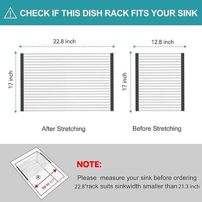 BBXTYLY Extra Large Expandable Roll Up Dish Drying Rack,Over The Sink Drying Rack Sink Cover Kitchen Sink Accessories Kitchen Rolling up Stainless Steel Drainer, Foldable,Rollable（Black，25.1''-17.3''） - Image 2