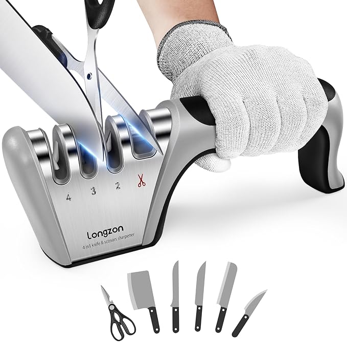 Longzon 5-in-1 Knife Sharpener 4 Stage with Cut-Resistant Glove, Quickly Sharpens & Restores Dull Blades, Easy & Safe for Home Kitchen Use, Fits Most Knives and Scissors, Black+Silver by Longzon