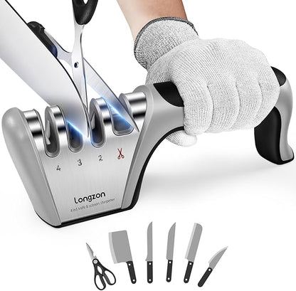 Longzon 5-in-1 Knife Sharpener 4 Stage with Cut-Resistant Glove, Quickly Sharpens & Restores Dull Blades, Easy & Safe for Home Kitchen Use, Fits Most Knives and Scissors, Black+Silver by Longzon