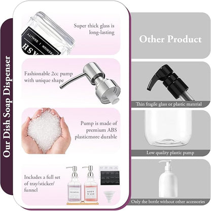 Glass Soap Dispenser with Pump,Tray,Funnel, Countertop Soap and Lotion Dispenser Set of 2 with 60 Stickers, Dish and Hand Soap Dispenser Bottle for Kitchen,Bathroom,Shower, 500ml/16.9oz