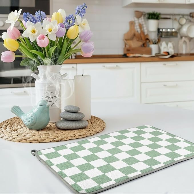 Zonon Green Checkered Dish Drying Mat for Kitchen Counter 16" x 24" Microfiber Absorbent Dish Drainer Rack Pads Fast Dry Mat Vintage Kitchen Decorations - Image 3