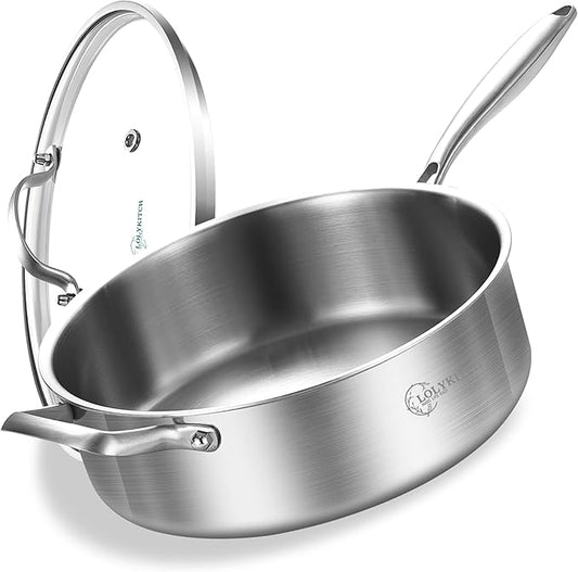 LOLYKITCH 5 QT Tri-Ply Stainless Steel Sauté Pan,12 Inch Deep Frying Pan with Lid,Large Skillet,Jumbo Cooker,Induction Cooking Pan,Dishwasher and Oven Safe. by LolyKitch