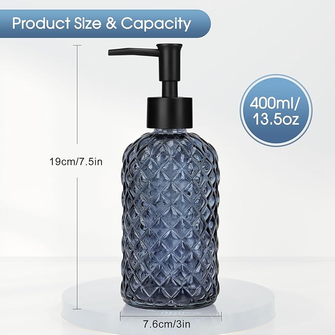 Topsky Gem Glass Soap Dispenser with Black Plastic Pump, 13oz Liquid Hand Soap Dispenser, Rustproof Pump for Kitchen & Bathroom, Great for Lotions, Essential Oil, Liquid Soaps-Grayish Blue - Image 4