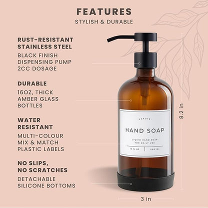 Hand and Dish Soap Dispenser for Kitchen and Bathroom, Set of 2 16 Oz Glass Bottles, Stainless Steel Pumps, Non-Slip Silicone Base, 27 Waterproof Labels (Amber Bottle/Black Pump) - Image 6