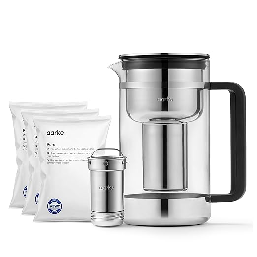 Aarke Purifier Large Glass Pitcher Bundle w/Steel Filter, BPA-Free, 4 Pure Refill Granules - Filters Heavy Metals, 2.8L Pitcher with 1.66L Filtration Capacity by aarke
