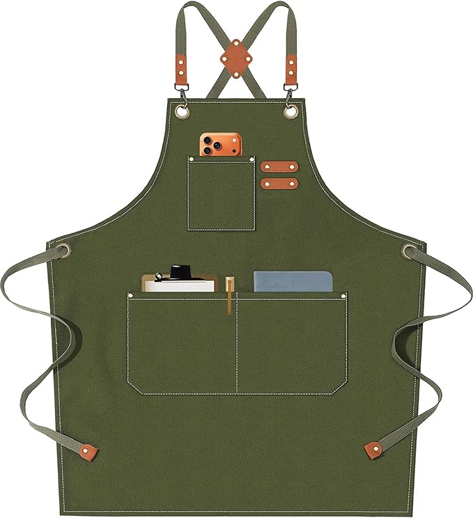 AFUN Chef Aprons for Men Women with Oversized Pockets, 16-Ounce Cotton Canvas Cross Back Heavy Duty Work Apron (Army Green) by BringYouaFun