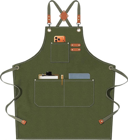 AFUN Chef Aprons for Men Women with Oversized Pockets, 16-Ounce Cotton Canvas Cross Back Heavy Duty Work Apron (Army Green) by BringYouaFun