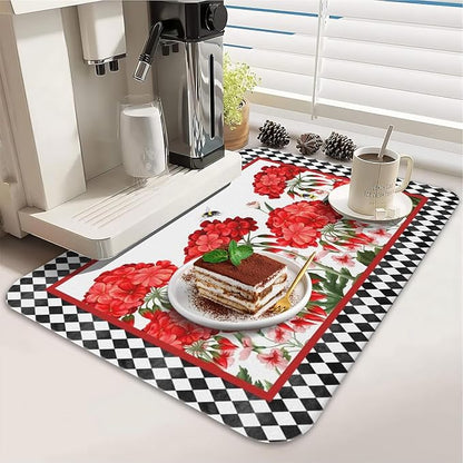 Dish Drying Mat for Kitchen Counter 2 Pack with Non-Slip Rubber Backing - Heat-Resistant Absorbent Coffee Bar Mat, Dish Rack Mat, Red Geranium Dish Drying Mats 18x24+19.5x12 inch