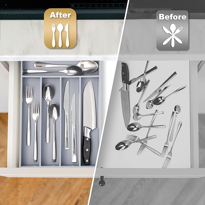 Besilord Bamboo Silverware Holder - Drawer Organizer with 5 Slots (Gray) - Image 4