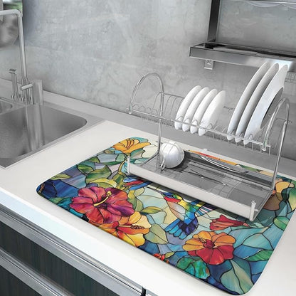 Spring Summer Dish Drying Mat for Kitchen Counter Hummingbird Microfiber Absorbent Dish Draining Reusable Washable Foldable Extra Large 18"x24" - Image 5
