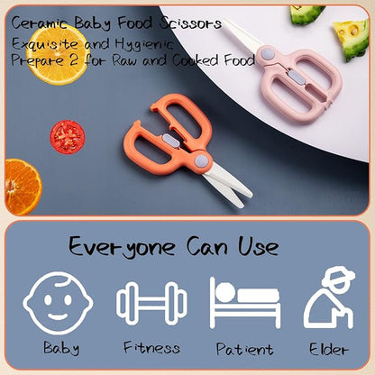 Baby Food Scissors with Travel Case, Ceramic Food Scissors Kids, Toddler Scissor with Safety Lock, Ideal for Pizza, Meats, Noodles, Vegetables, and Fruits (B)