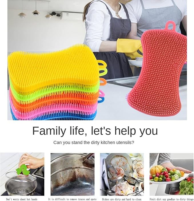 Silicone Sponge Dish Washing Kitchen Scrubber, 6 Pack Reusable Dish Washing Cleaning Sponges Double-Sided Multipurpose Non Stick Silicone Dish Sponges for Dishes, Fruit, Vegetable （Multicolor） - Image 5