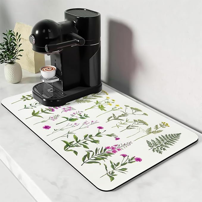 Bloss Dish Drying Mat, Spring Flower Printed Coffee Bar Mat, Kitchen Counter Mat, Hide Stain Rubber Backed Dish Drying Pad/Spring Decor for Desk(16.1"x24.1", 2-Row Flower) by Bloss