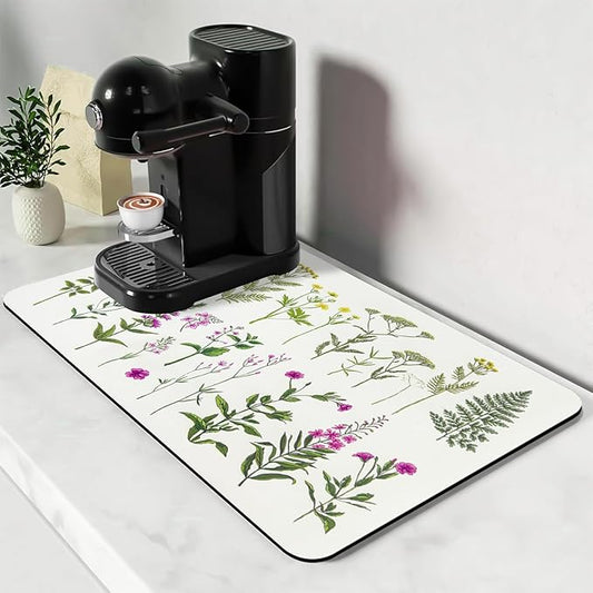 Bloss Dish Drying Mat, Spring Flower Printed Coffee Bar Mat, Kitchen Counter Mat, Hide Stain Rubber Backed Dish Drying Pad/Spring Decor for Desk(16.1"x24.1", 2-Row Flower) by Bloss
