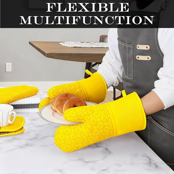 Oven Mitts and Pot Holders Sets 6pcs, Kitchen Oven Glove,High Heat Resistant 550 Degree Extra Long Oven Mitts and Potholders with Non-Slip Silicone Surface for Home Essentials (Grey) (Yellow) - Image 5