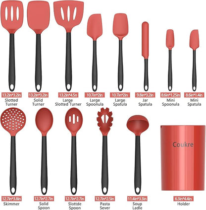 Coukre Silicone Kitchen Cooking Utensils Set with Holder – Heat-Resistant, Food-Grade Kitchen Tools, Spatula, Spoon & Gadgets for Non-Stick Pans, Dishwasher Safe (14, Red) - Image 2