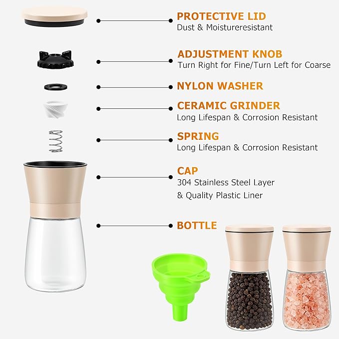 R DRURLCD 2PK Beige Salt and Pepper Grinder Set, Short Glass Shakers with Stainless Steel & Glass Mills, Adjustable Coarseness for Kitchen, Dining & BBQ W/Funnel