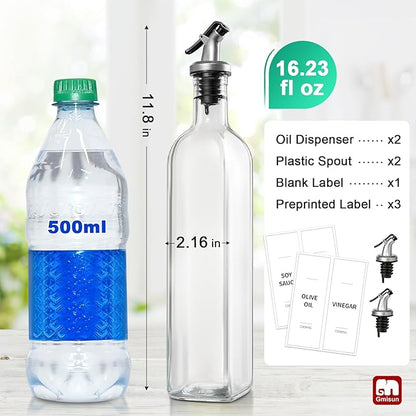 gmisun Olive Oil and Vinegar Dispenser Bottle Set, 2 Pack Oil and Vinegar Dispenser Bottle, 17oz Kitchen Oil Dispenser, Glass Cooking Oil Dispenser, Clear Glass Bottles for Oil with Funnel and Labels - Image 2